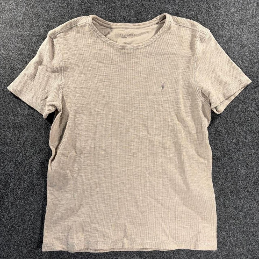 Allsaints Mens Ribbed Short Sleeve T-Shirt Cream Beige Minimalist Size Medium